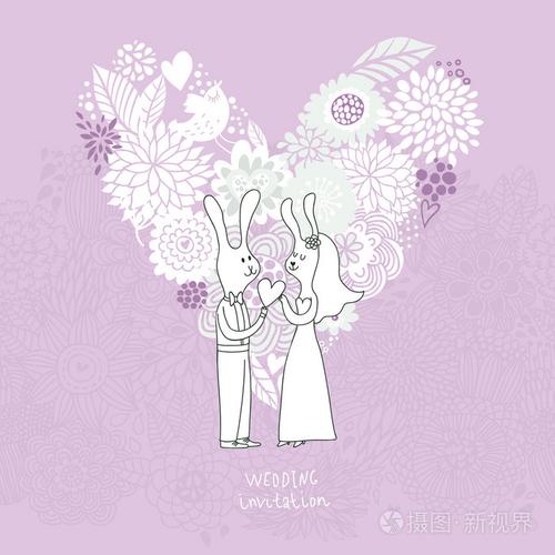 卡通概念婚姻浪漫背景与心脏了鲜花和搞笑兔矢量婚礼花艺邀请在紫罗兰